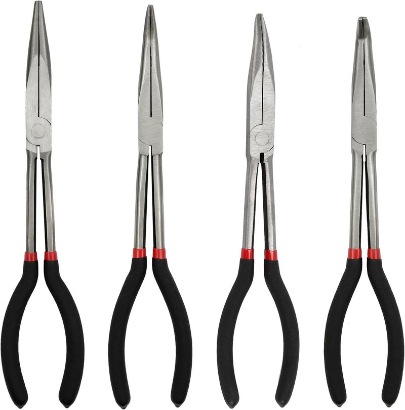 MFBJXC 4-Piece 11" Precision Long Nose Pliers Set with Insulated Comfort Grip Handles,Straight Long Needle Nose Pliers,25/45/90 Degree Angle Curved Pliers for Wire Bending,Shaping,Trimming - Image 1
